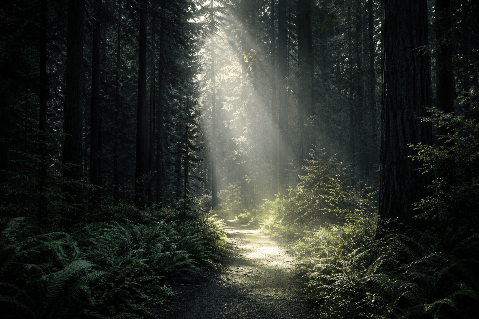A small trail winding through a large forest